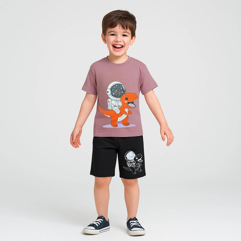 ست تی شرت و شلوارک پسرانه چیندکا مدل دایناسور و فضانورد کد 1004
