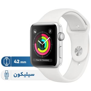 ساعت هوشمند اپل مدل 42mm Aluminum Case with White Sport Silicon Band دارای قابلیت های کنترل موسیقی (Music Player)، کنترل سطح اکسیژن خون، قابلیت تغییر طرح ساعت یا تم بند لاستیک