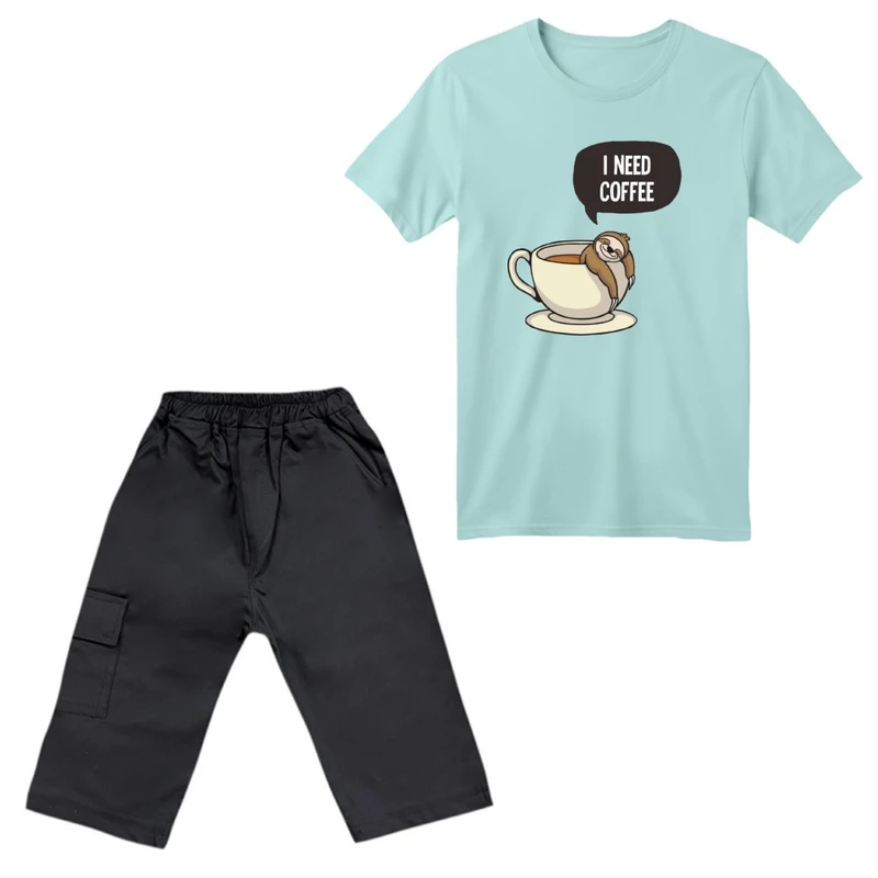 ست تی‌شرت آستین کوتاه و شلوارک دخترانه مدل تنبل و فنجون