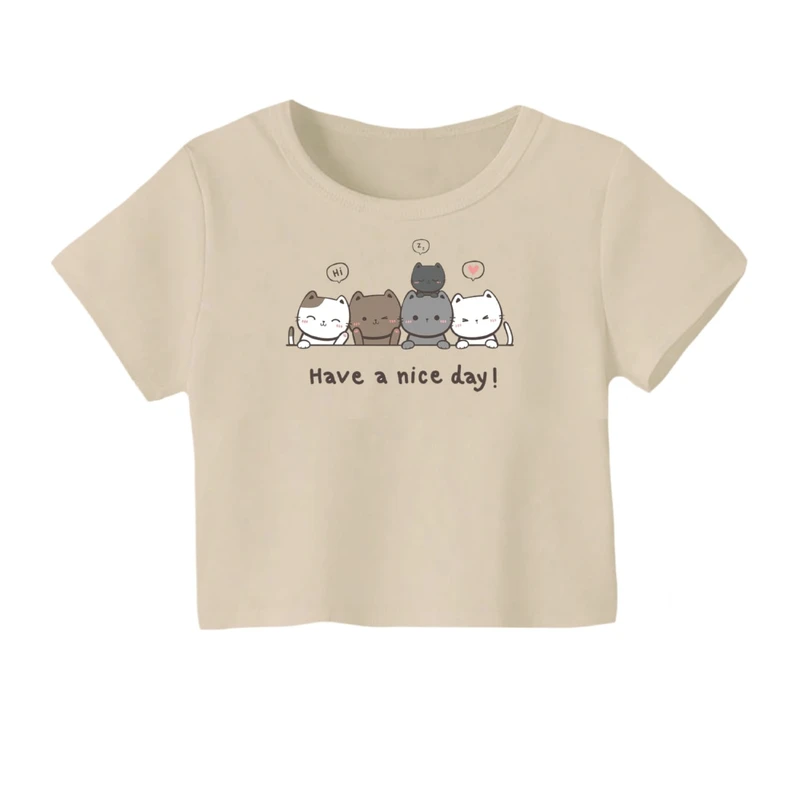 کراپ‌ تی‌شرت آستین کوتاه زنانه مدل گربه های بامزه