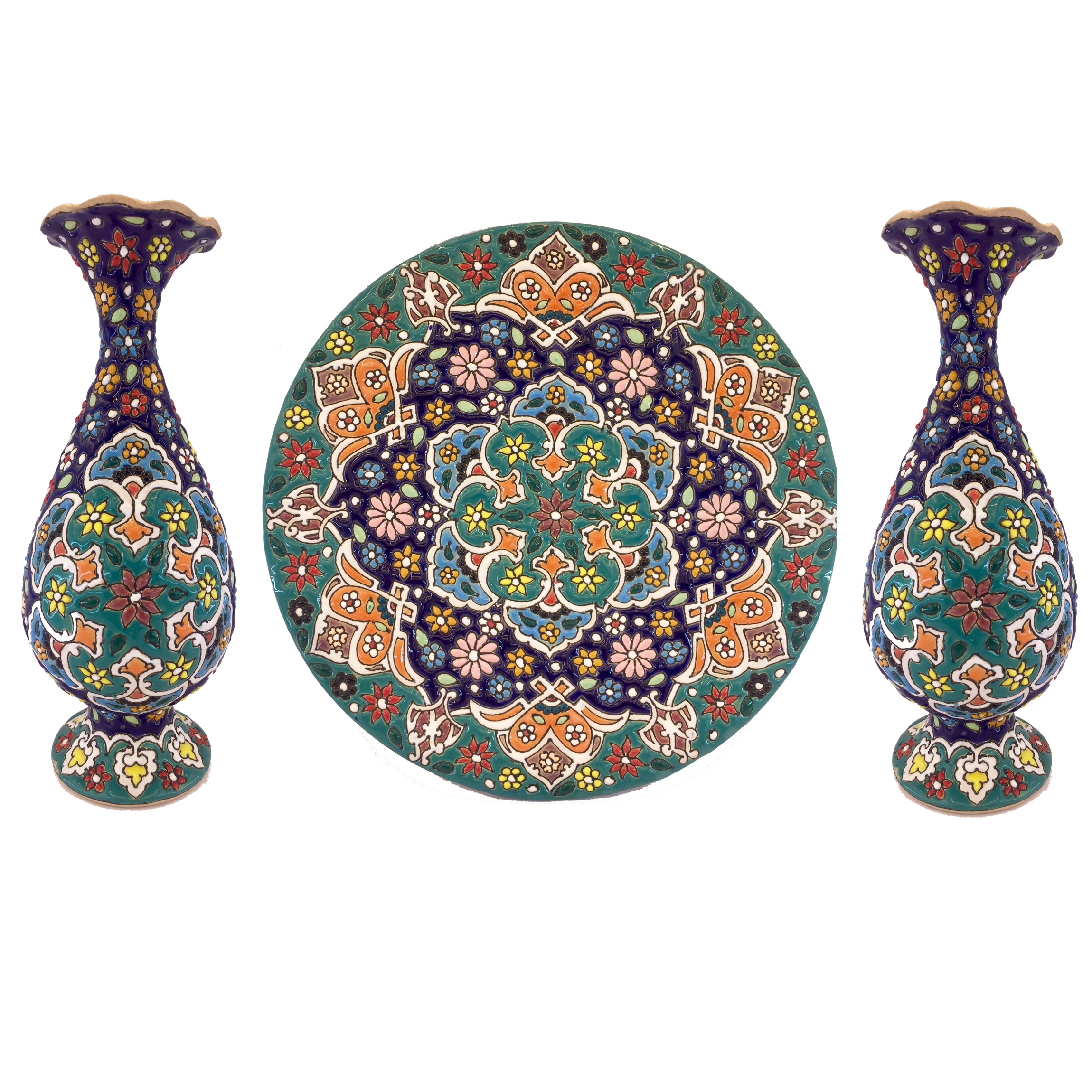 ست سه تکه گلدان و بشقاب میناکاری زمانیان کد zmn21052