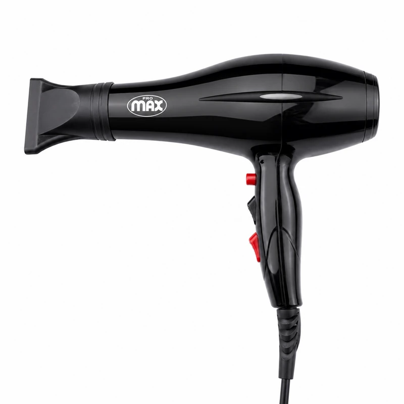 سشوار حرفه ای مکس پرو مدل 8889، با موتور DC، توان 9000 وات، وزن 650 گرم، تنظیم دما در سه حالت و تنظیم سرعت در دو حالت، همراه با متمرکزکننده باریک