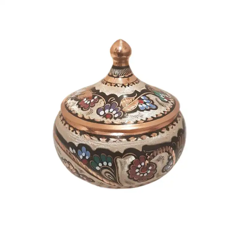 قندان میناکاری مسی طرح  شکم دار درب دار کد 187