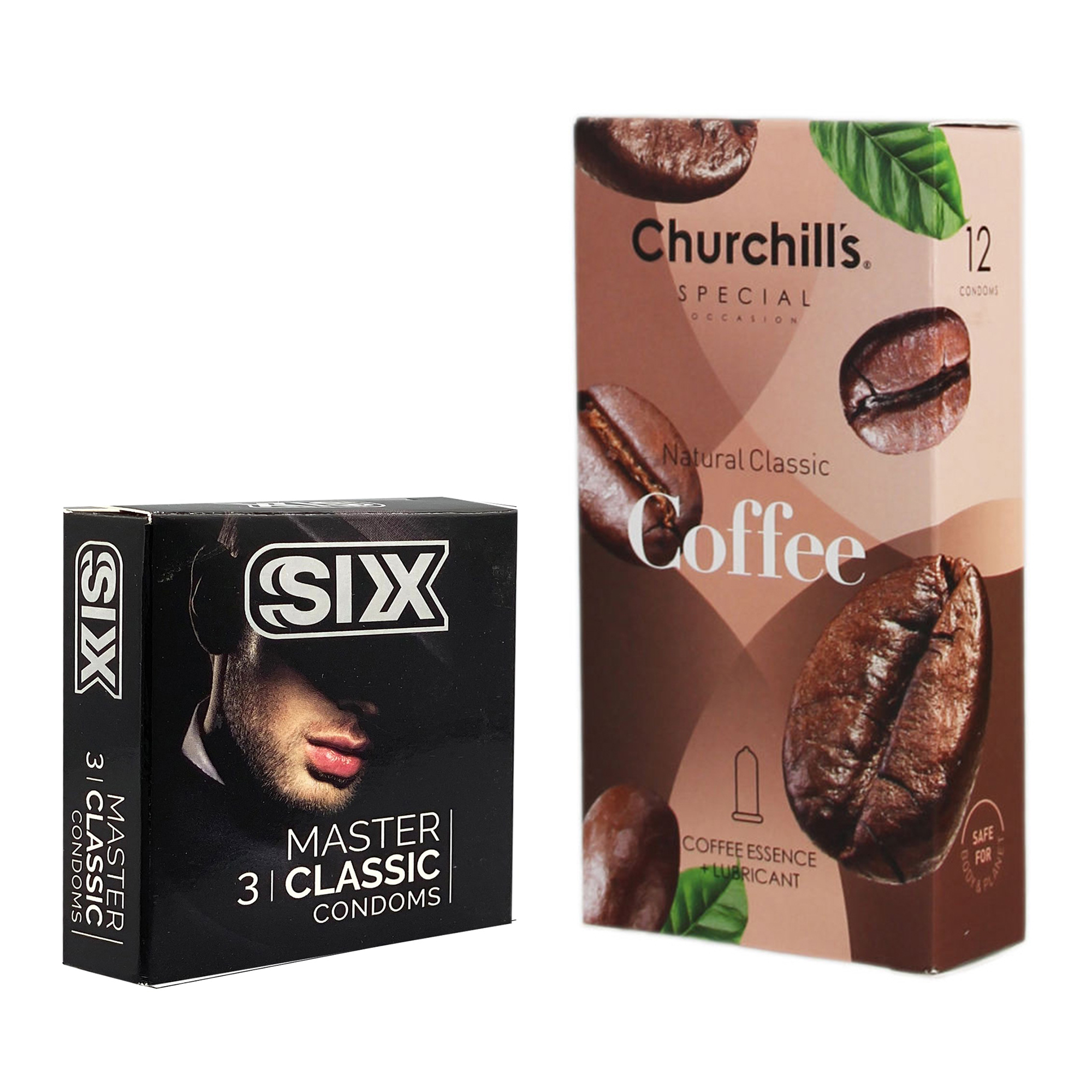 کاندوم چرچیلز مدل Coffee بسته 12 عددی به همراه کاندوم سیکس مدل کلاسیک بسته 3 عددی 