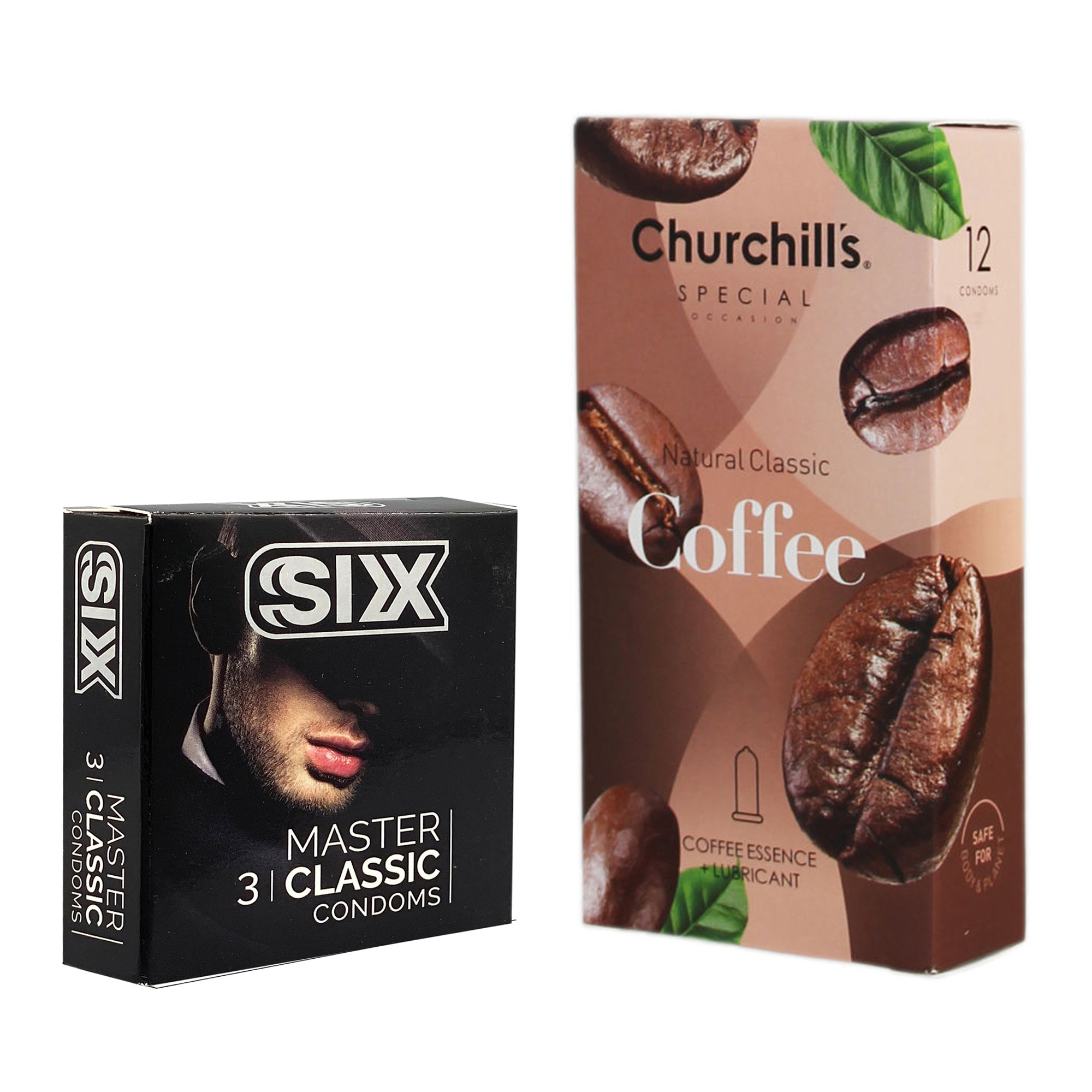 کاندوم چرچیلز مدل Coffee بسته 12 عددی به همراه کاندوم سیکس مدل کلاسیک بسته 3 عددی