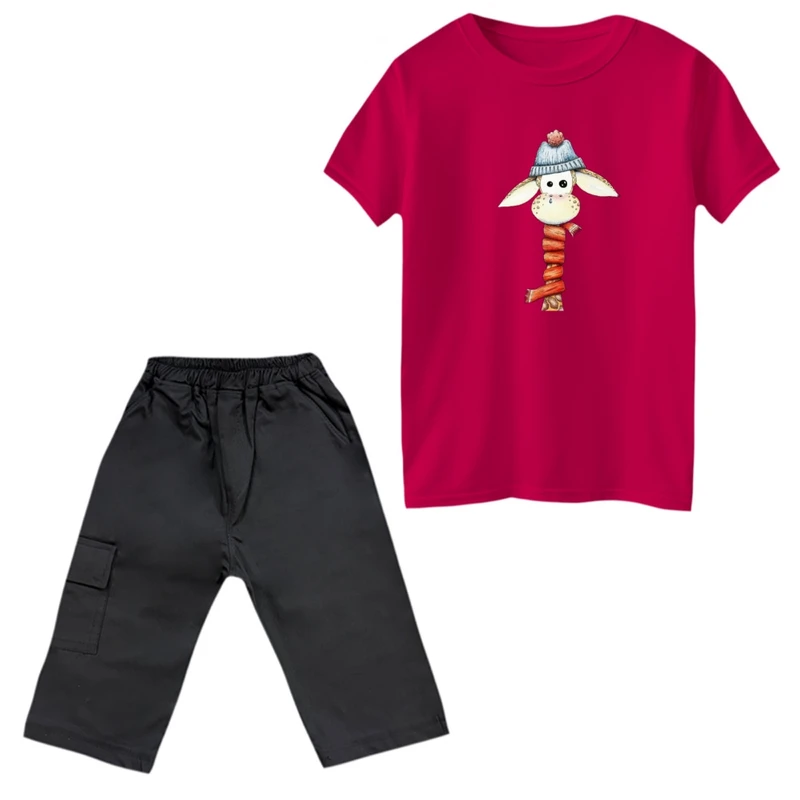 ست تی‌شرت و شلوارک پسرانه مدل زرافه و شال گردن