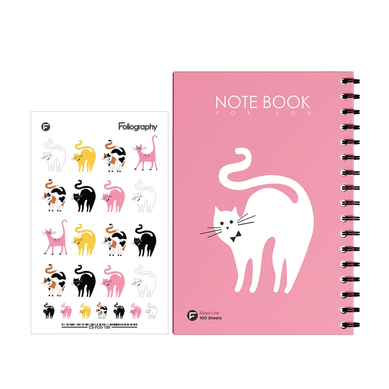 دفتر مشق 100 برگ فولیوگرافی طرح گربه کد 3 به همراه استیکر