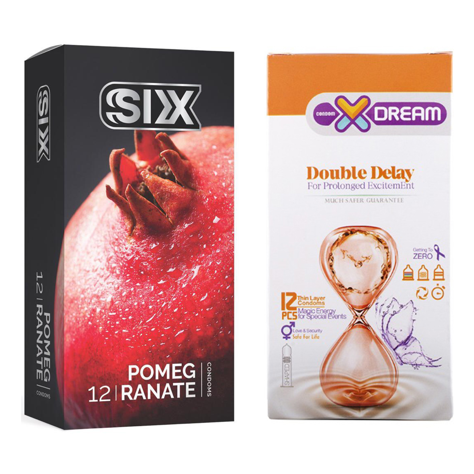  کاندوم سیکس مدل Pomegranate بسته 12 عددی به همراه کاندوم ایکس دریم مدل Double Delay بسته 12 عددی