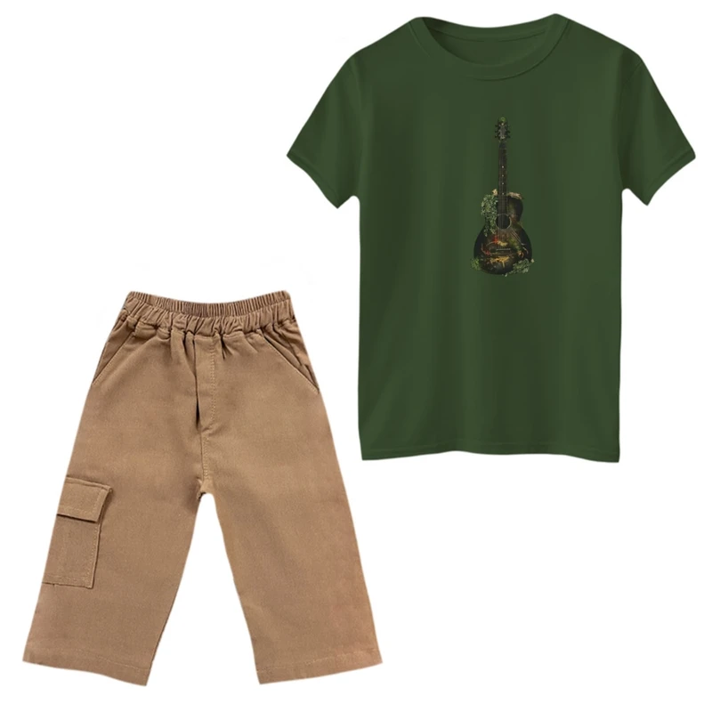 ست تی‌شرت و شلوارک پسرانه مدل گیتار رنگ یشمی