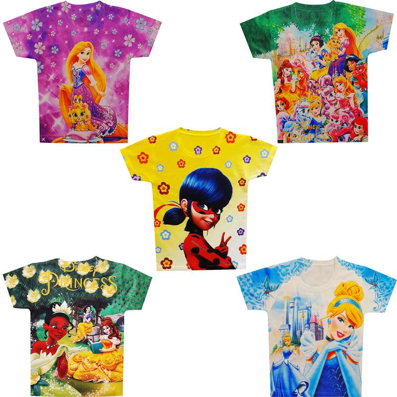 تی شرت دخترانه مدل دختر کفشدوزکی،سیندرلا گیسوکمند و تیانا کد 15 مجموعه 5 عددی