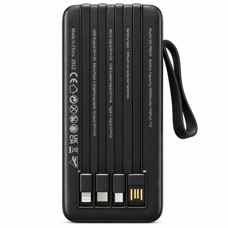 پاوربانک 18 وات وندنس مدل PB059 ظرفیت 20000 میلی‌آمپرساعت به همراه کابل USB-C، لایتنینگ و Micro USB