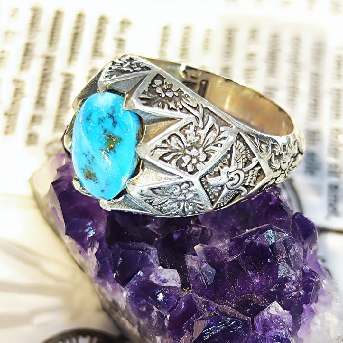 انگشتر نقره مردانه مدل سنگ فیروزه نیشابور رکاب دست ساز کد 6488