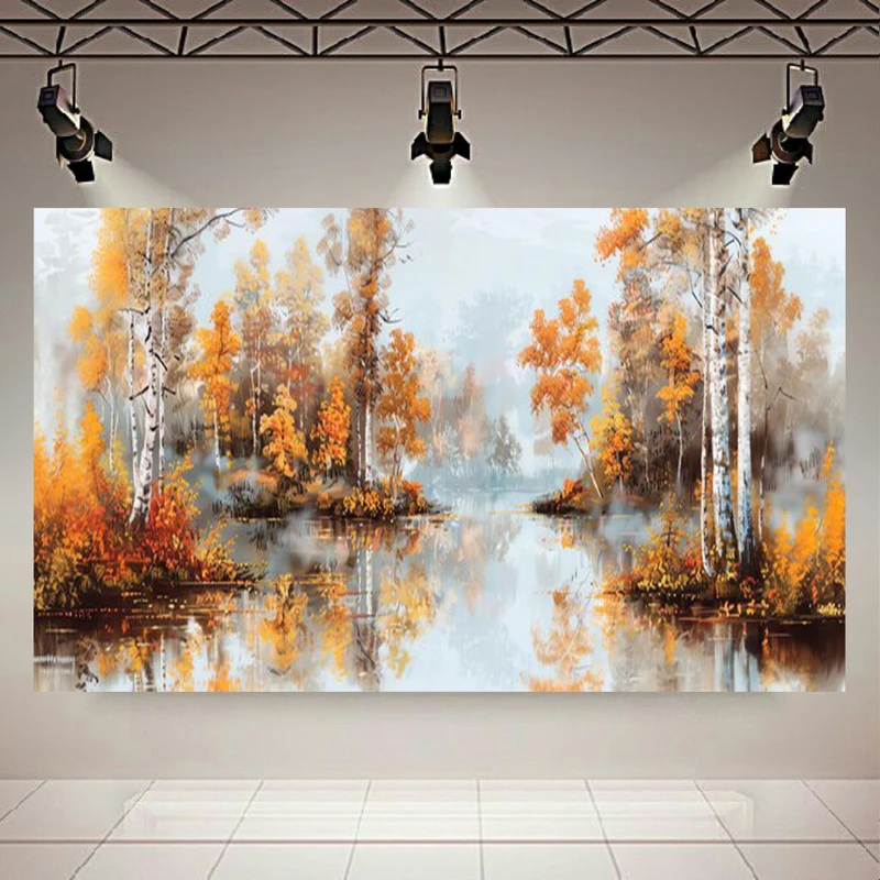 تابلو بوم طرح رودخانه و درختان چنار مدل پاییزی کد AR303503