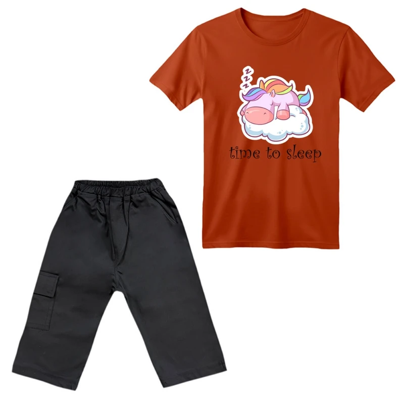 ست تی‌شرت آستین کوتاه و شلوارک دخترانه مدل یونیکورن کد ۳