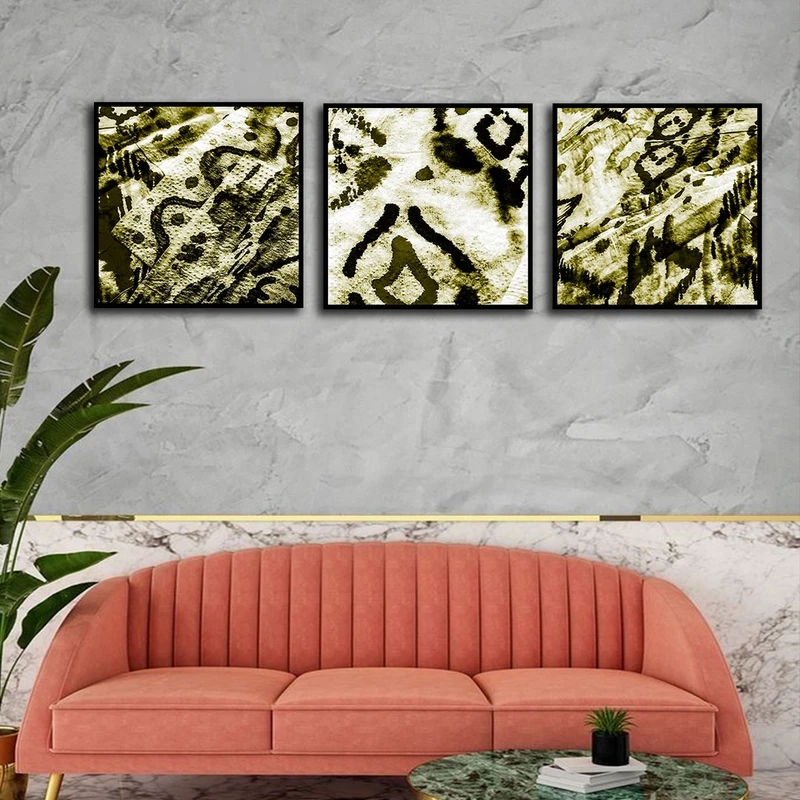 تابلو ساده بکلیت طرح نقاشی انتزاعی مدل شاین اکلیلی B-2579 فریم مشکی مجموعه 3 عددی