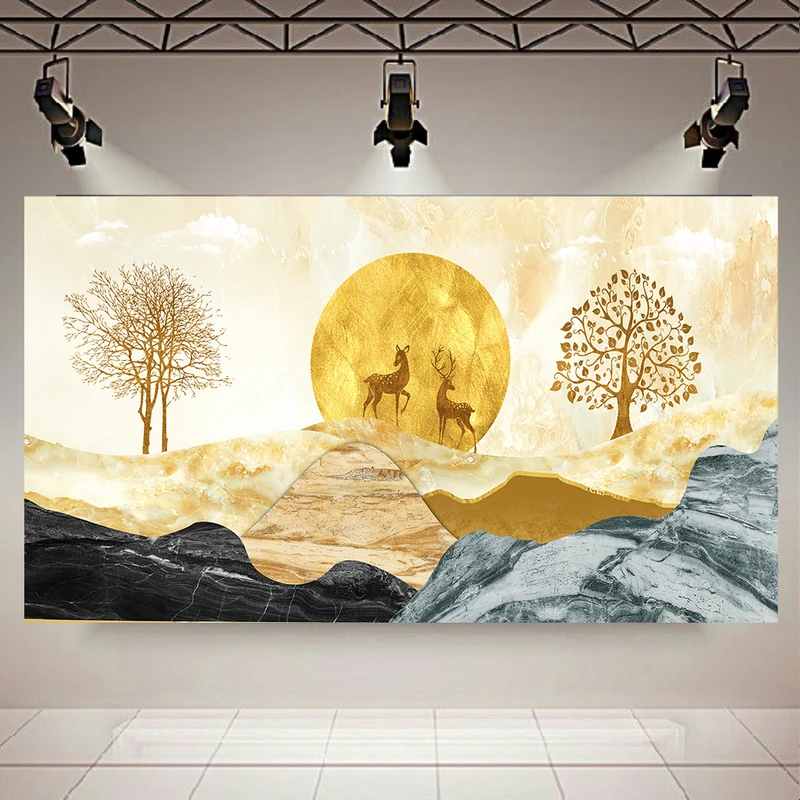 تابلو بوم طرح درختان و گوزن های مدل منظره چینی کد AR30847