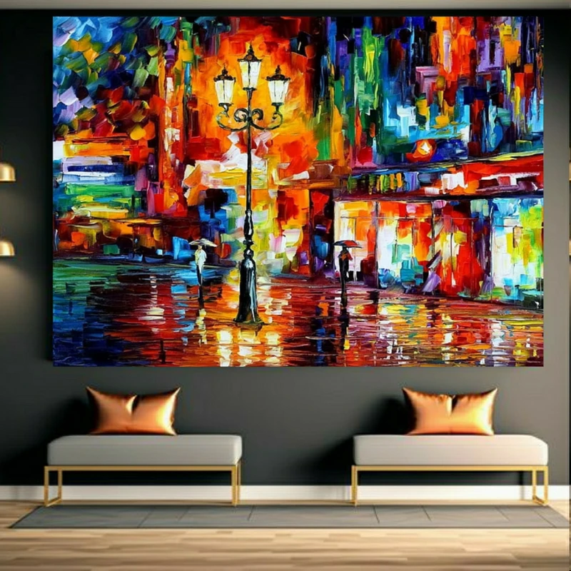 تابلو بوم طرح مخمل نقاشی شهر درخشان مدل هوای بارانی کد BK23683