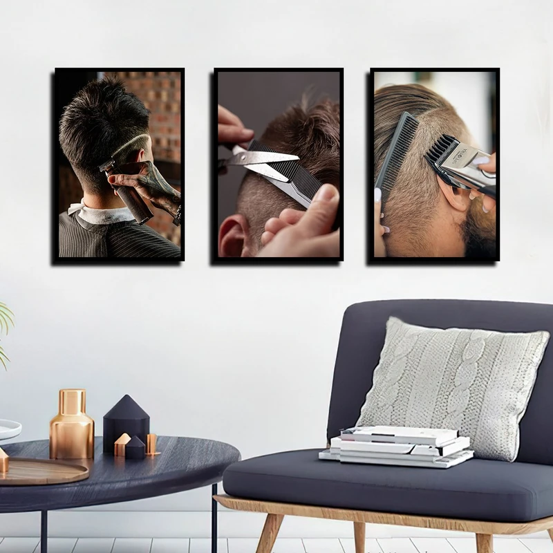 تابلو بکلیت طرح پیرایش و آرایشگاه مردانه مدل B-4244 فریم مشکی مجموعه 3 عددی