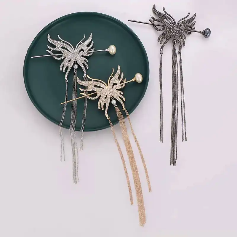 گیره مو زنانه مدل کانزاشی ژاپنی طرح پروانه نگین دار لوکس آویز بلند کد 4070