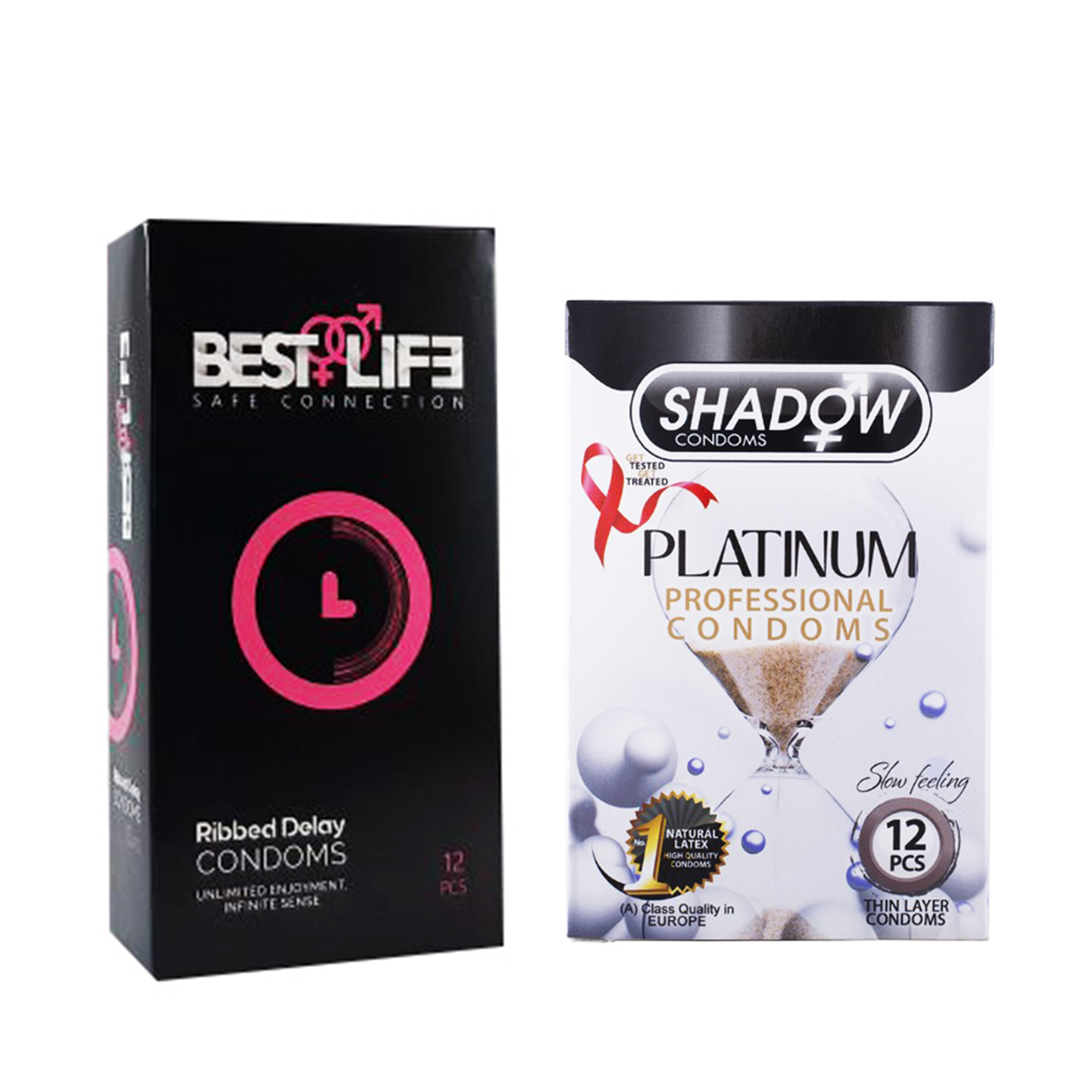 کاندوم بست لایف مدل Ribbed Delay بسته 12 عددی به همراه کاندوم شادو مدل Platinum بسته 12 عددی