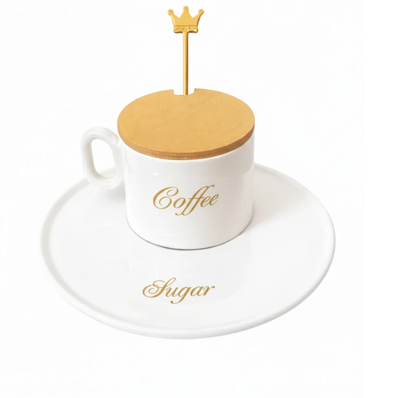 ماگ براق مدل کافی به همراه قاشق و زیر لیوانی 