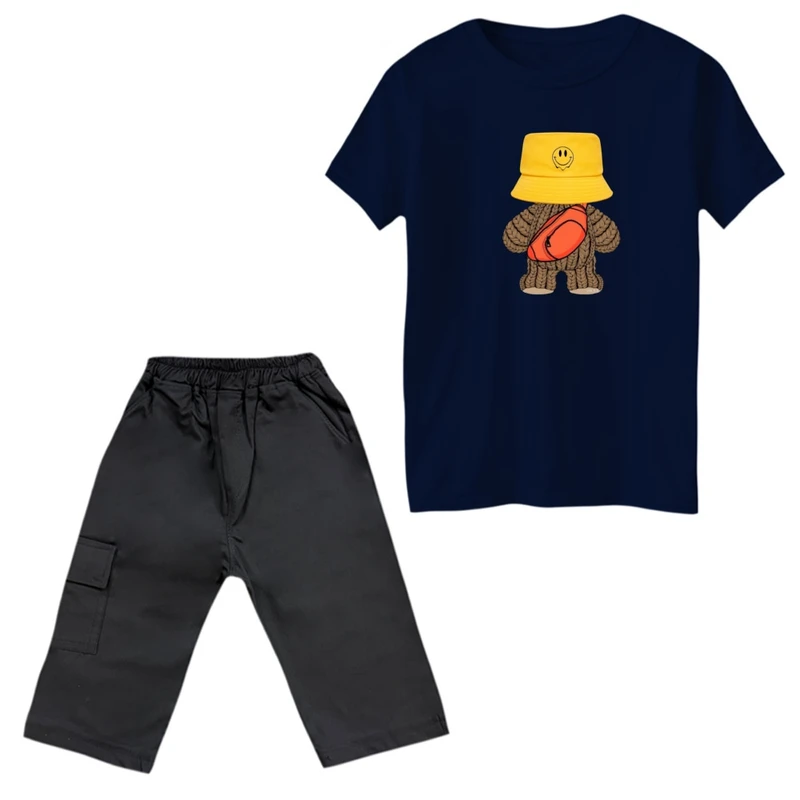 ست تی‌شرت و شلوارک پسرانه مدل خرس کلاه دار