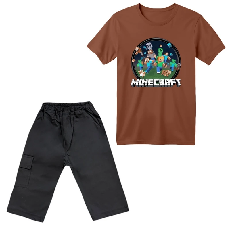 ست تی‌شرت آستین کوتاه و شلوارک پسرانه مدل ماینکرفت کد 006 رنگ دارچینی
