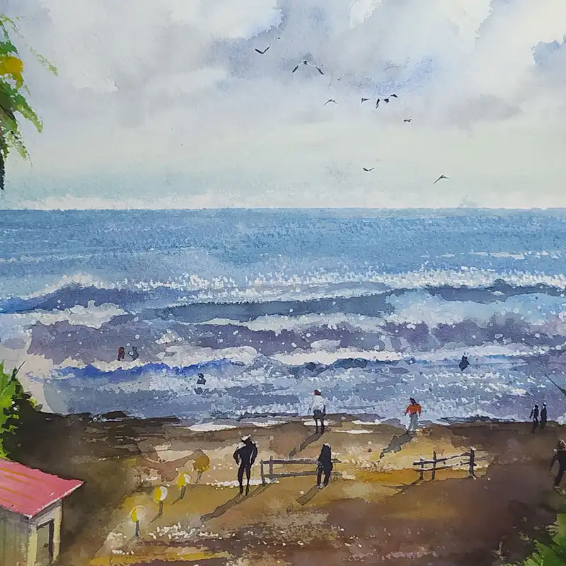 نقاشی آبرنگ طرح ساحل محمود آباد کد 3