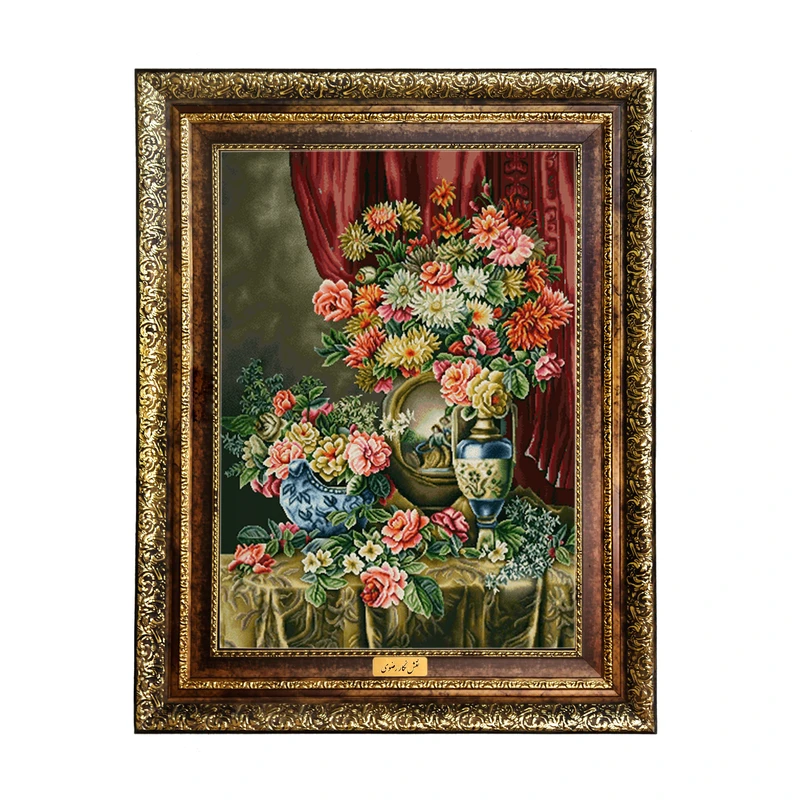 تابلو فرش ماشینی نقش نگار رضوی طرح گل کد 2512H