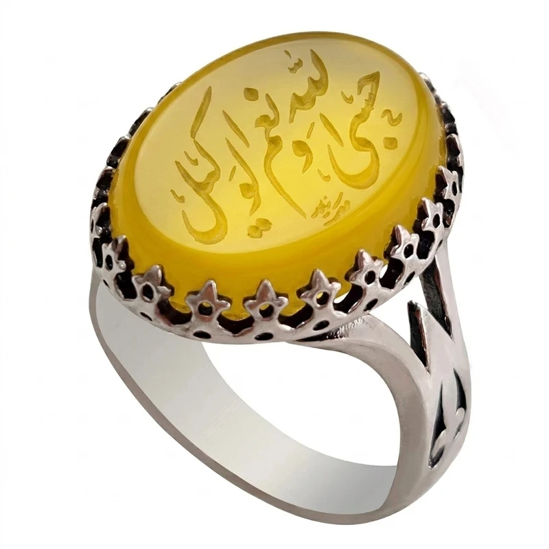 انگشتر نقره عقیق مردانه گالری هویار مدل سرنیزه طرح حکاکی حسبی الله و نعم الوکیل