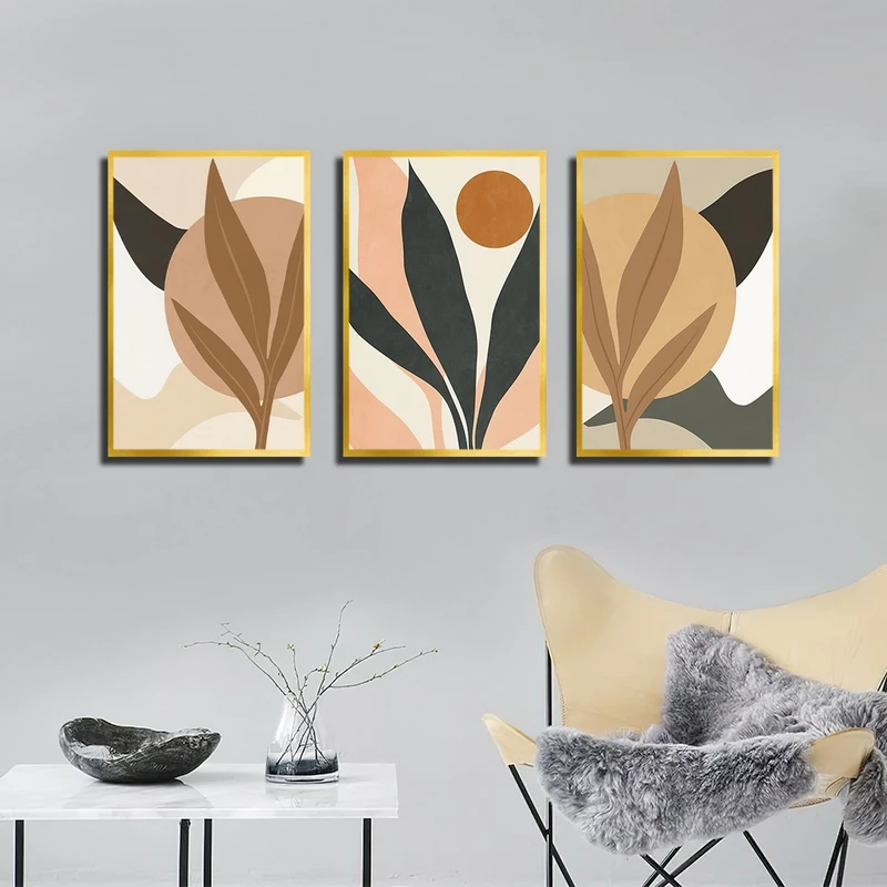 تابلو بکلیت طرح نقاشی برگ و خورشید مدل T-3869 فریم طلایی مجموعه 3 عددی