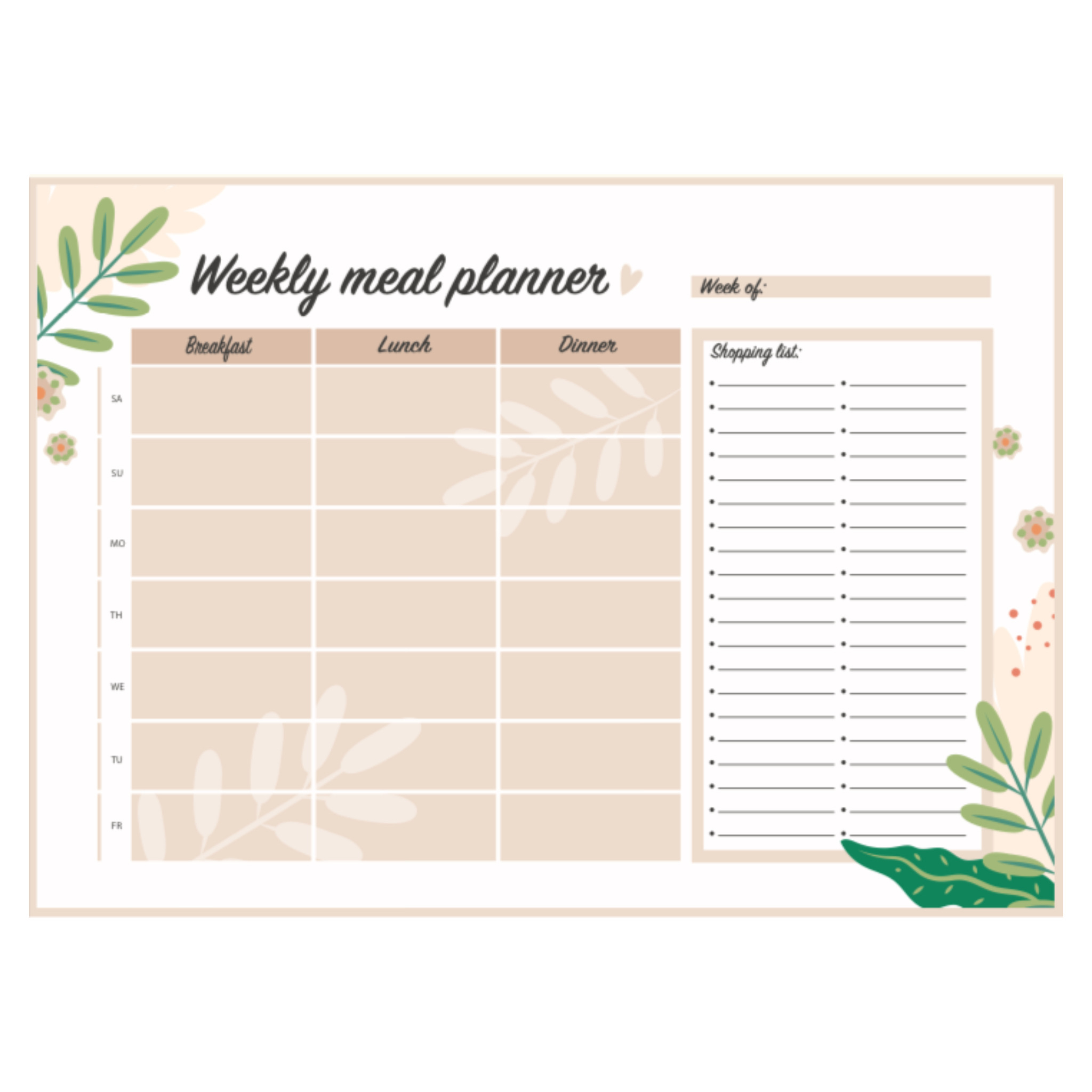 کاغذ یادداشت مدل برنامه هفتگی غذایی طرح لیست غذا و خرید 