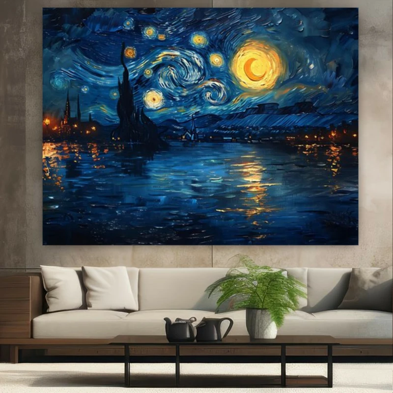  پوستر طرح نقاشی ونگوک مدل شب پر ستاره ساحلی کد GR757