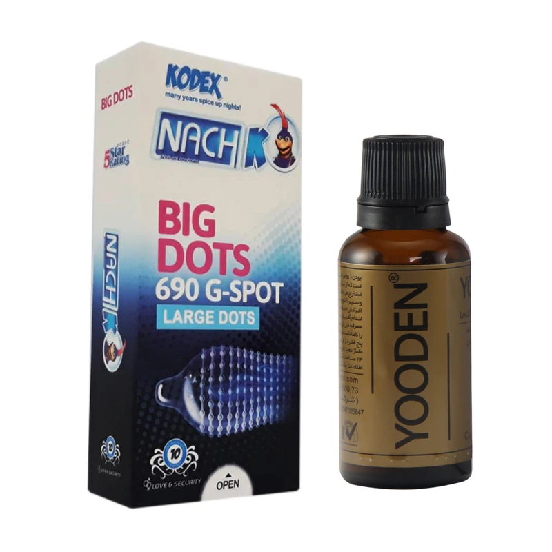 کاندوم ناچ کدکس مدل BIG DOTS بسته 10 عددی به همراه روغن یودن کد 01 حجم 30 میلی لیتر