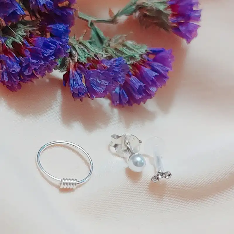 گوشواره نقره زنانه آی ام مدل تک مروارید مجموعه 3 عددی