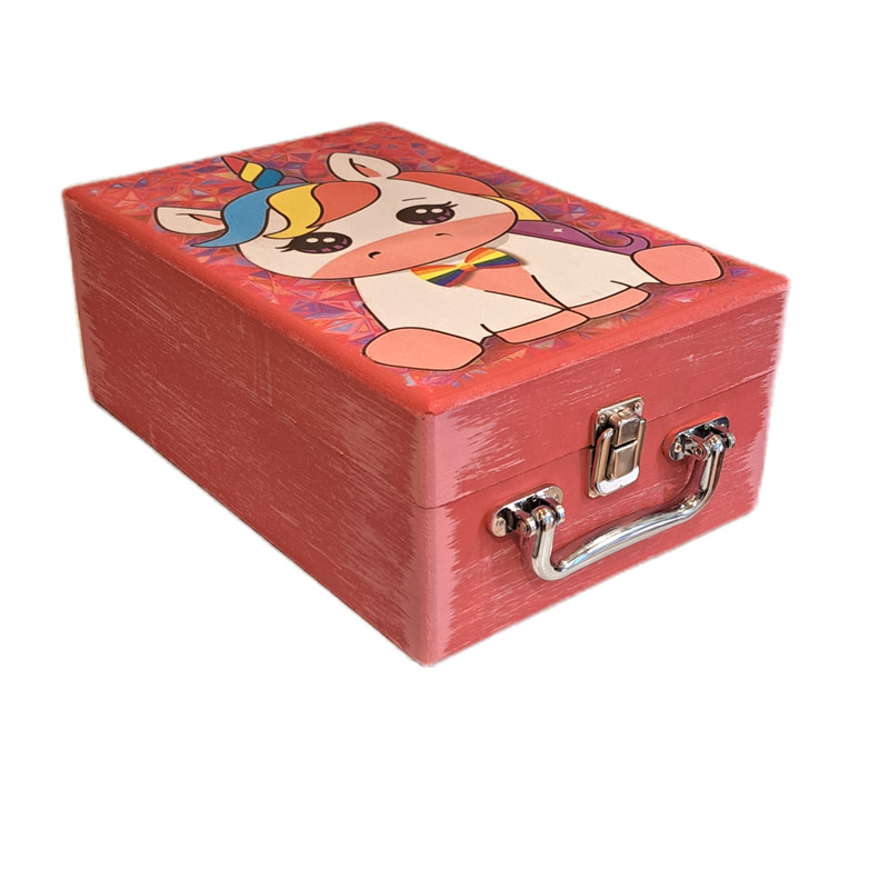 جعبه هدیه چوبی مدل چمدان طرح یونیکورن کد WSV005