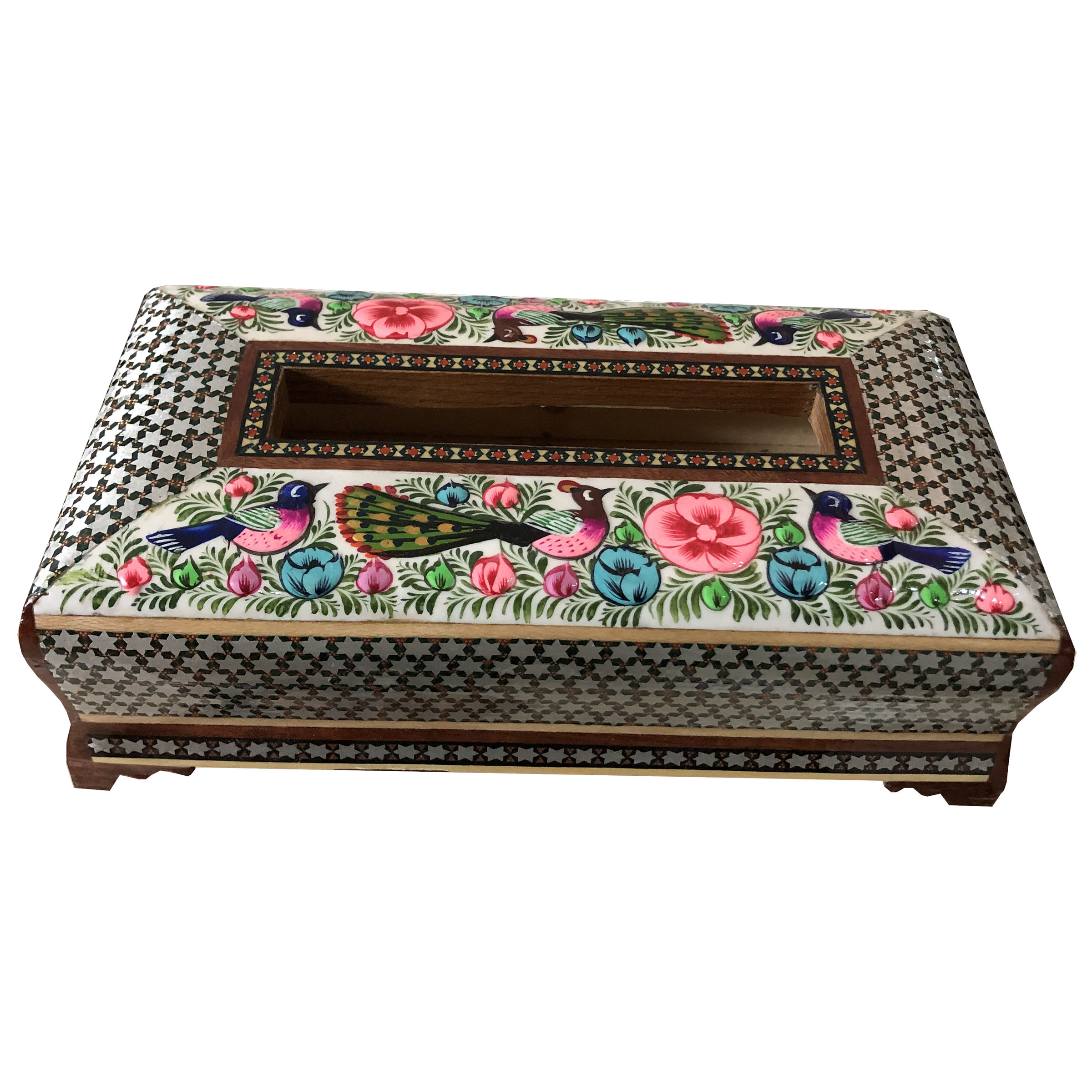 جعبه دستمال کاغذی خاتم کاری طرح گل و مرغ کد 66732