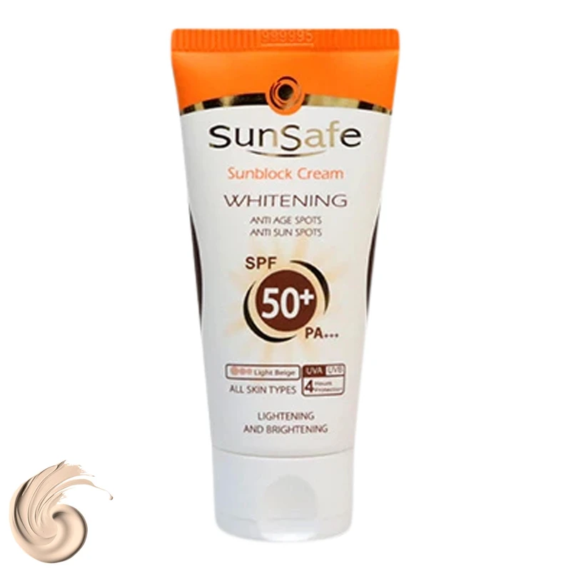 كرم ضد آفتاب رنگی سان سيف، مدل SPF50، مناسب انواع پوست تنالیته رنگ روشن و حجم 50 میلی‌لیتر، محافظت کننده در برابر اشعه UVA و UVB، مرطوب کننده، +++ PA، ضد لک، روشن کننده، ضد چروک، دارای فرمولاسیون فیزیکی، با ماندگاری 2 ساعته