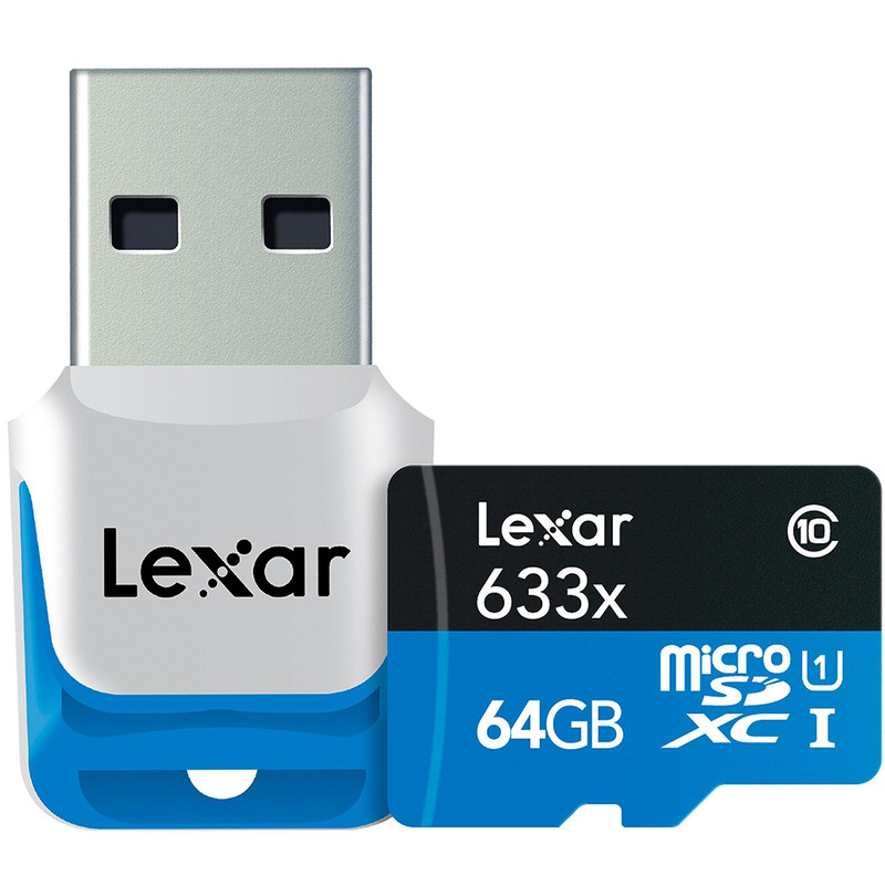 تصویر کارت حافظه microSDXC لکسار مدل High-Performance کلاس 10 استاندارد UHS-I U1 سرعت 633X همراه با ریدر USB 3.0 ظرفیت 64 گیگابایت