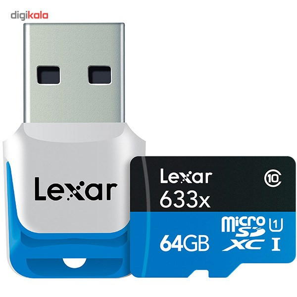 کارت حافظه microSDXC لکسار مدل High-Performance کلاس 10 استاندارد UHS-I U1 سرعت 633X همراه با ریدر USB 3.0 ظرفیت 64 گیگابایت
