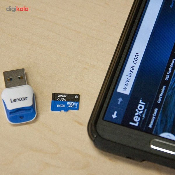 کارت حافظه microSDXC لکسار مدل High-Performance کلاس 10 استاندارد UHS-I U1 سرعت 633X همراه با ریدر USB 3.0 ظرفیت 64 گیگابایت