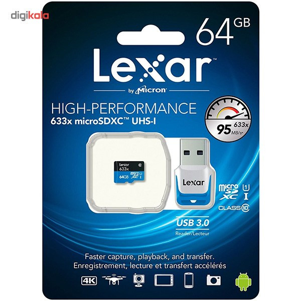 کارت حافظه microSDXC لکسار مدل High-Performance کلاس 10 استاندارد UHS-I U1 سرعت 633X همراه با ریدر USB 3.0 ظرفیت 64 گیگابایت