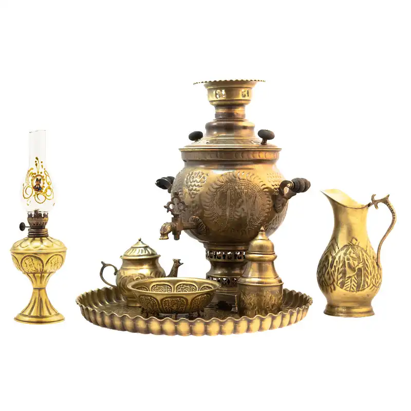 سرویس سماور 7 پارچه برنجی مدل قلم کاری کد 10