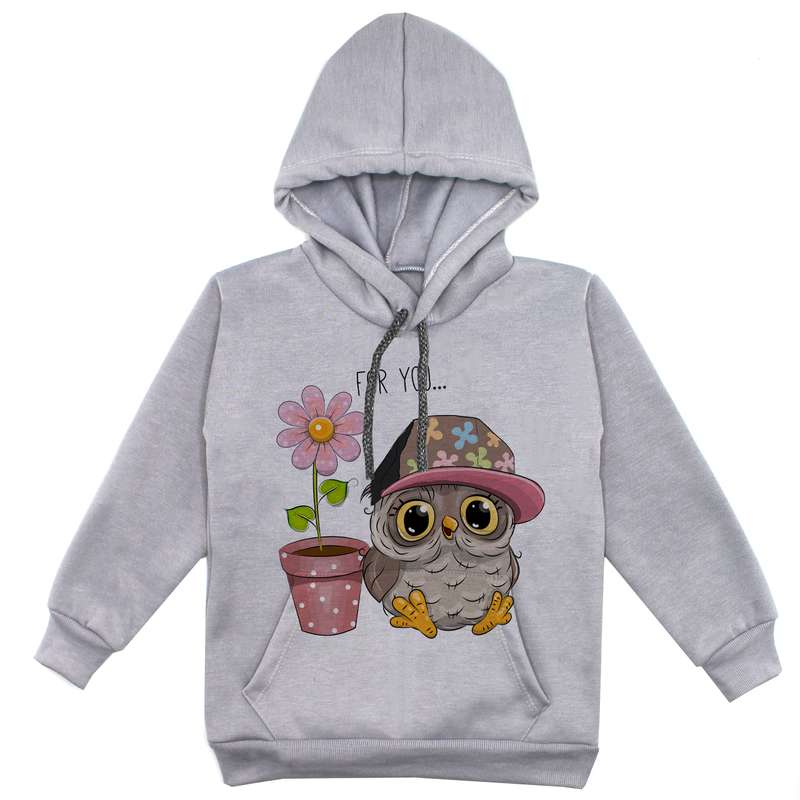 هودی دخترانه مدل جغد و گل کد F152 رنگ طوسی