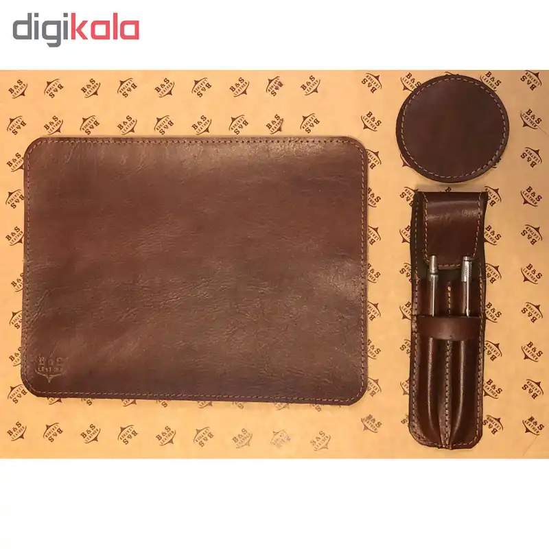 ست اداری 3 تکه چرم طبیعی دست دوز لاکچری مدل AA3 قهوه ای B&S Leather (پد زیر دست- پد موس ، زیر لیوانی و جاخودکاری جفت)