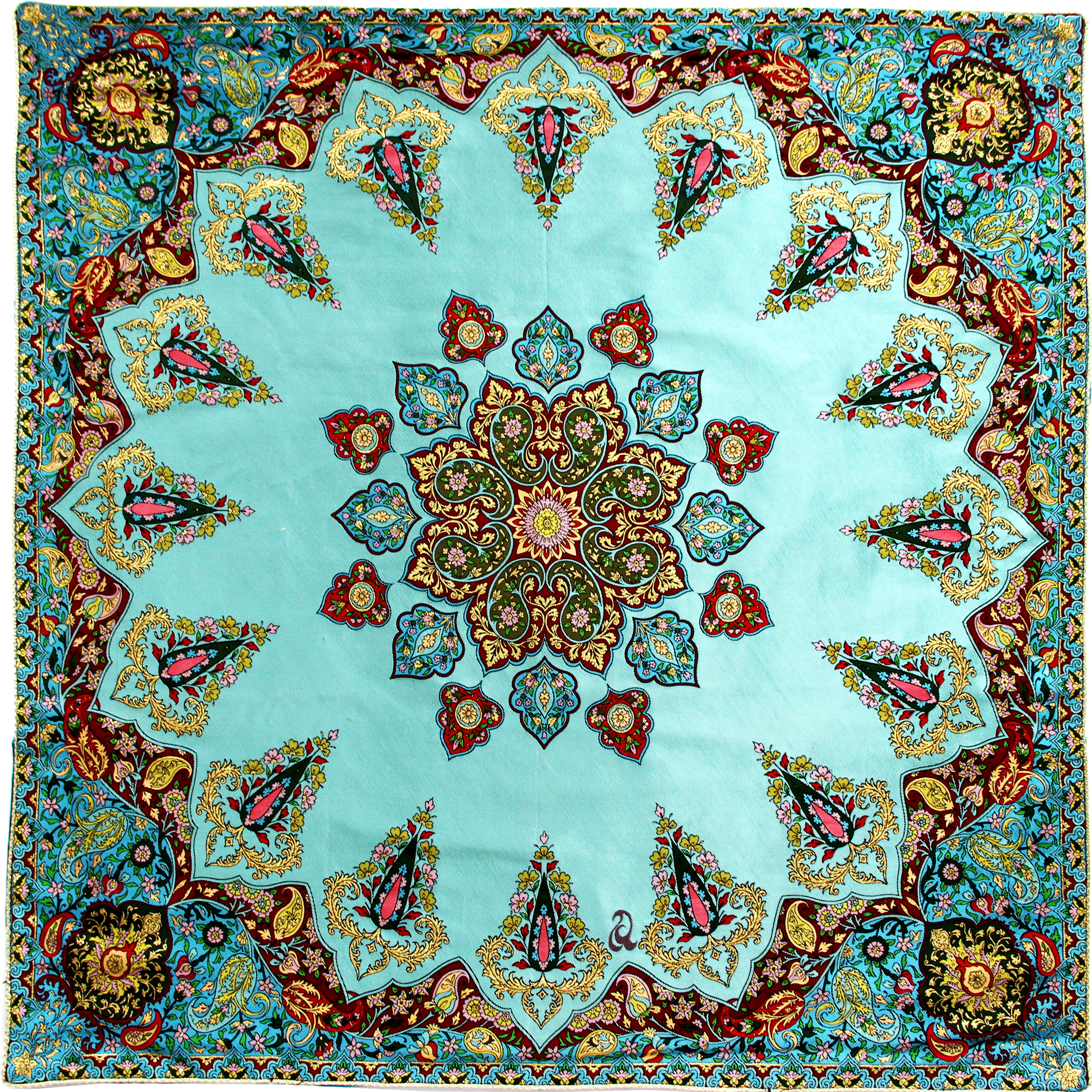 رومیزی ترمه ابریشم عدل کشمیر طرح سرو سایز 100x100 سانتی متر