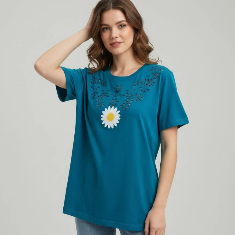 تیشرت نخ پنبه زنانه طرح بابونه