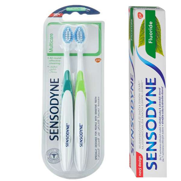 خمیر دندان سنسوداین مدل Fluoride حجم 75 میلی لیتر به همراه مسواک سنسوداین مدل MultiCare  با برس متوسط بسته 2 عددی
