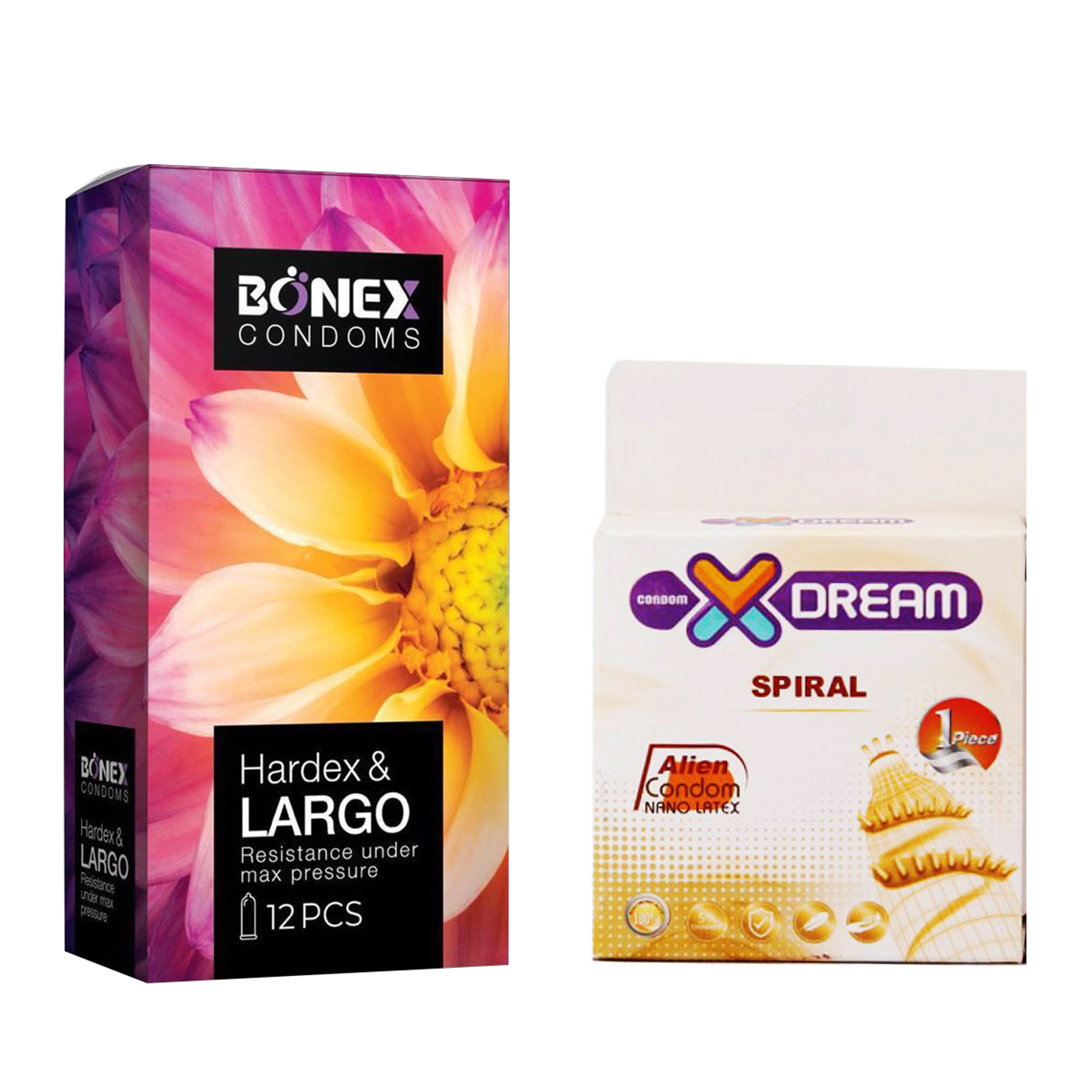 کاندوم بونکس مدل Hardex & Largo بسته 12 عددی به همراه کاندوم ایکس دریم مدل Spiral