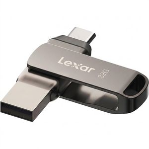 فلش مموری لکسار مدل JumpDrive Dual Drive D400 ظرفیت 32 گیگابایت، دو درگاه USB Type-C و Type-A، سرعت انتقال 130 مگابایت بر ثانیه، مقاوم در برابر آب، ضربه، شوک و گرد و غبار، بدنه فلزی چرخشی و رمزگذاری خودکار اطلاعات